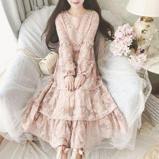 Long-sleeve Lace Tiered A-line Midi Dress