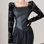 Long-sleeve Square Neck Plain Panel Lace Asymmetric Top