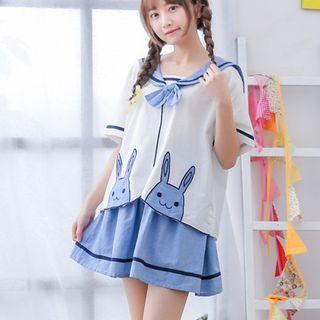 Set: Short-sleeve Rabbit Printed Top + Mini Skorts As Shown In Figure - One Size