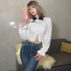 Bell-sleeve Collared Zip-up Crop Top