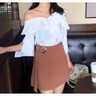 Ruffle Trim Off Shoulder Chiffon 3/4 Sleeve Top