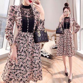 Lace-sleeve Lace Panel Floral Print A-line Dress
