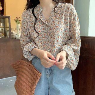 Long-sleeve Button-up Floral Print Blouse