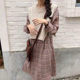 Set: Plaid Long-sleeve Midi Shift Dress + Cable-knit Sweater Vest