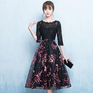Elbow-sleeve Floral Print A-line Midi Cocktail Dress