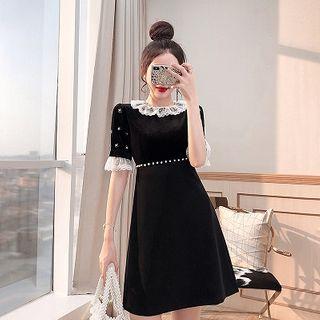 Short-sleeve Faux Pearl Lace-cuff A-line Dress