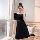 Short-sleeve Faux Pearl Lace-cuff A-line Dress