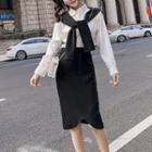 Set: Mock Two-piece Shirt + Midi Knit Skirt