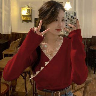 Panel Lace V-neck Long-sleeve Top