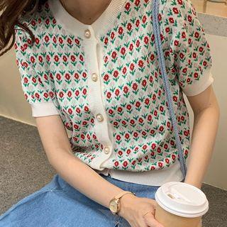 Floral Jacquard Short-sleeve Knit Cardigan White - One Size