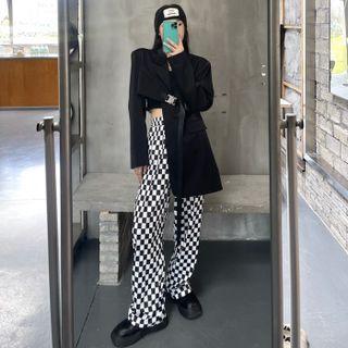 Buckled Irregular Blazer / Checkered Pants / Spaghetti Strap Cutout Mini Sheath Dress