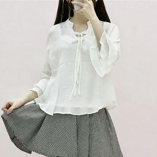 Plain Ruffle Trim Chiffon 3/4 Sleeve Blouse