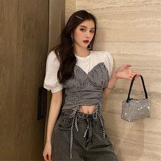 Puff-sleeve Plaid Mock Two-piece Drawcord Crop Top