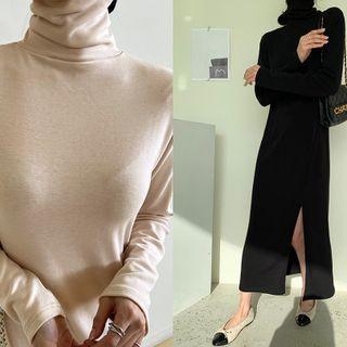 Turtle-neck Slit-front Maxi Dress