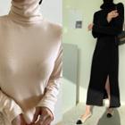 Turtle-neck Slit-front Maxi Dress