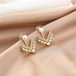 Rhinestone Faux Pearl V Shape Earring E1503-4 - 1 Pair - Gold - One Size