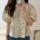 Short-sleeve V-neck Floral Blouse Floral - Almond - One Size