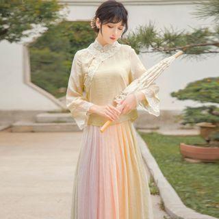Set: Lace Trim Long-sleeve Top + Pleated Midi Skirt