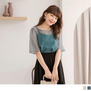 Mesh Panel Short Sleeve Mock Two Piece Top