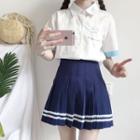 Short-sleeve Embroidered Shirt / Striped Mini Pleated Skirt