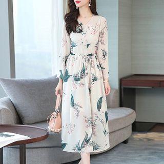 3/4-sleeve Patterned A-line Midi Chiffon Dress