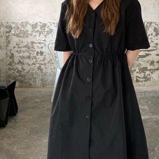 Short-sleeve V-neck Buttoned A-line Dress Black - One Size