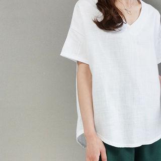 Linen Blend V-neck Round-hem Top