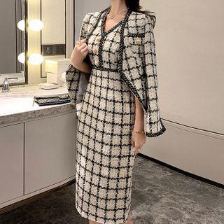 Set: Plaid Tweed Jacket + Sleeveless Midi A-line Dress