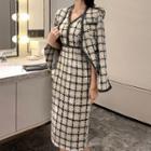 Set: Plaid Tweed Jacket + Sleeveless Midi A-line Dress