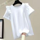 Short-sleeve Faux Pearl Ruffled T-shirt White - One Size