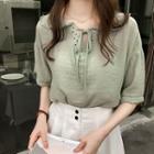 Eyelet Trim Elbow-sleeve Chiffon Blouse