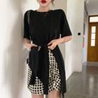 Set: Elbow-sleeve Slit T-shirt + Checker Chiffon Mini Pencil Skirt