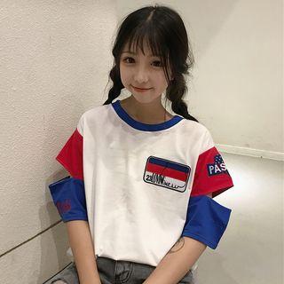 Color Block Cutout Elbow-sleeve T-shirt