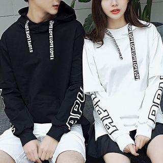 Couple Matching Mock Two Piece Lettering Hoodie