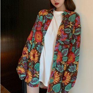 Plain Short-sleeve T-shirt / Flower Print Long-sleeve Shirt