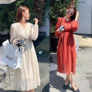 Long-sleeve Button-up Chiffon Midi A-line Dress