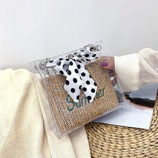Polka Dot Bow Transparent Handbag With Straw Inset Pouch