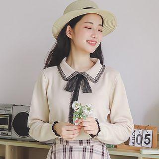 Collared Lace Trim Long-sleeve Knit Top Almond - One Size