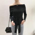 Off-shoulder Tie Waist Long-sleeve T-shirt