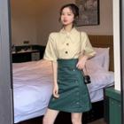 Elbow-sleeve Blouse / Buckled Button Accent Skirt
