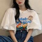 Elbow-sleeve Print T-shirt Multicolor Print - White - One Size
