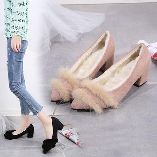 Fleece-lined Furry Trim Chunky-heel Pumps