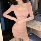 Long-sleeve Cross-strap Sheath Dress Pink - One Size