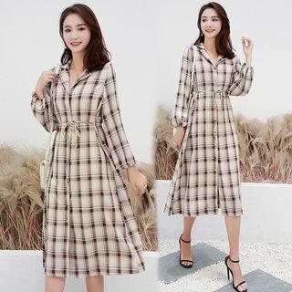 3/4-sleeve Plaid Midi A-line Shirtdress