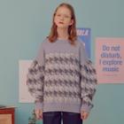 Balloon-sleeve Houndstooth Sweater Light Blue - One Size