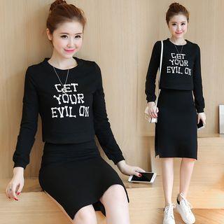 Set: Lettering Pullover + Plain Side Slit Skirt