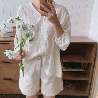 Long-sleeve Buttoned Lace-trim Top White - One Size