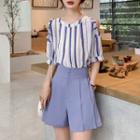 Striped Elbow-sleeve Cold-shoulder Blouse / High-waist Shorts