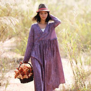 V-neck Ruffle Trim Long-sleeve Midi Dress
