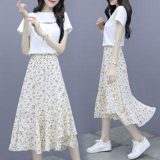 Short-sleeve Lettering Print T-shirt / Floral Print Midi A-line Skirt